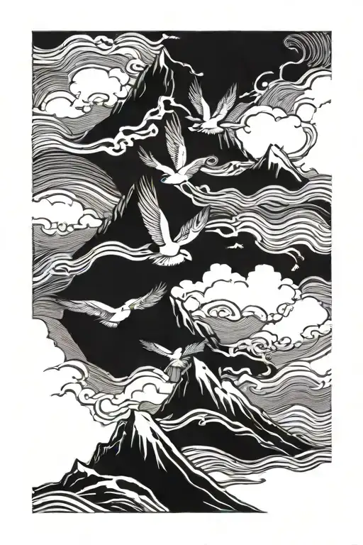 Four Birds Flying Out Of A Stormy Sea Over The Mountain