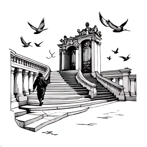 Staircase To Heaven Gates Someone Walking And Doves Flying