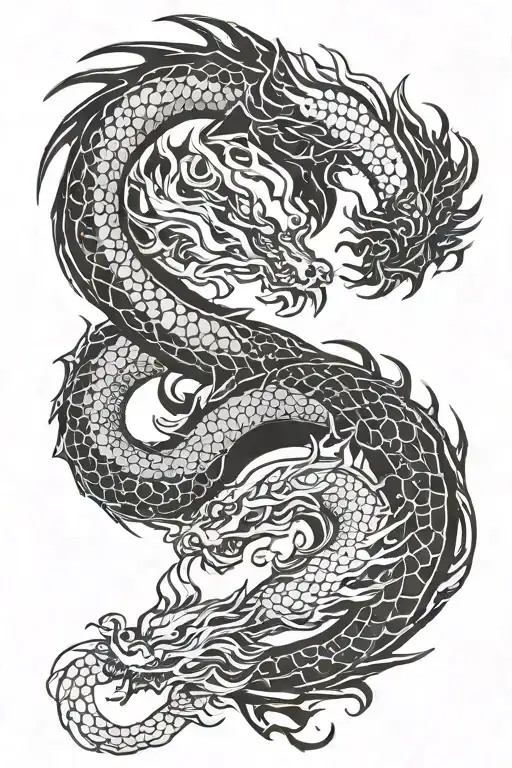 Ying Yang Two Dragons Simple Line Drawing
