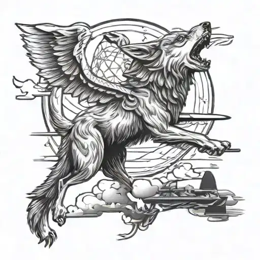 A Majestic Wolf Howling At The Moon While Flying A Vintage Plane