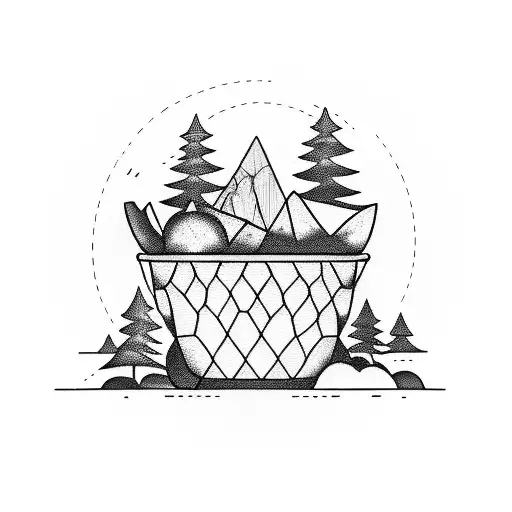 A Blackwork Tattoo Of A Disc Golf Basket Surrounded By Trees