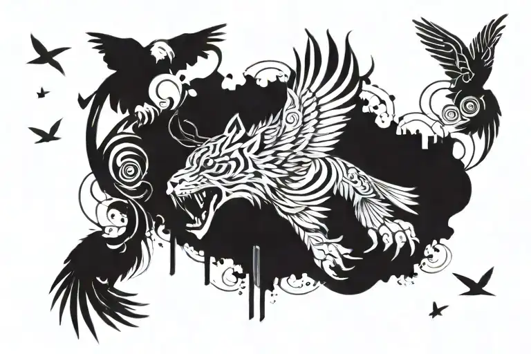 A Tattoo Design Combining A Tiger And Eagle In A Music-inspired Theme