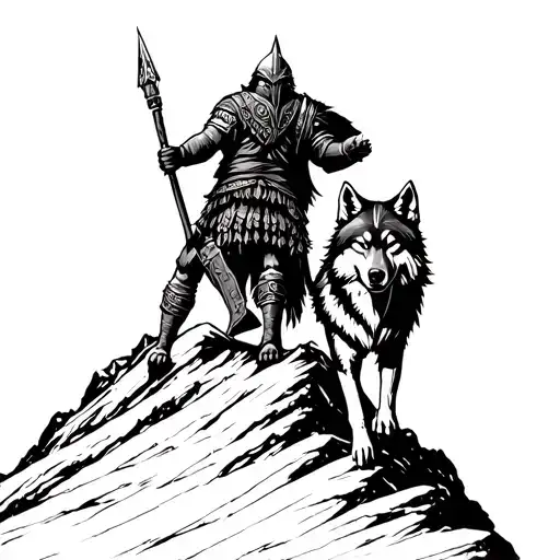 A Viking Warrior Climbing A Mountain Peak With A Wolf By Their Side