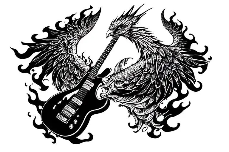 A Phoenix Rising From Flames Intertwined With A Guitar Neck