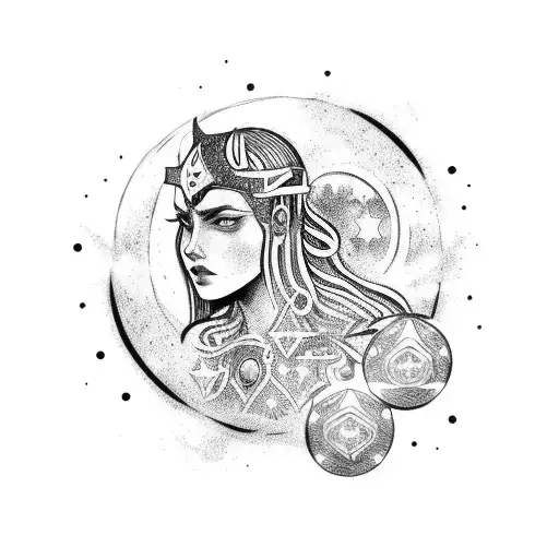 A Celestial Female Warrior Adorned With Gemini Symbols And Surrounded By Stars