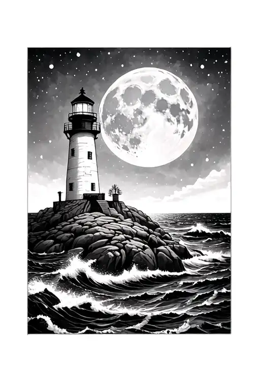 Lighthouse Rocks Sea Full Moon