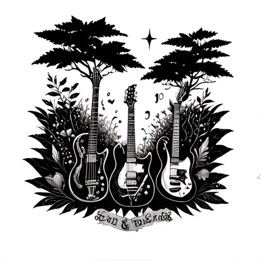 A Psychologist-themed Tattoo With Rock Music Instruments And Nature Elements Intertwined