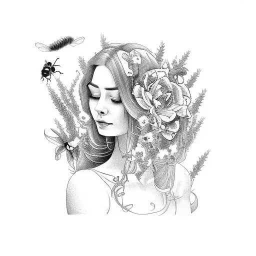 Lady Nursing Baby In Garden Pot Of Lavender With Long Flowy Hair And Bees