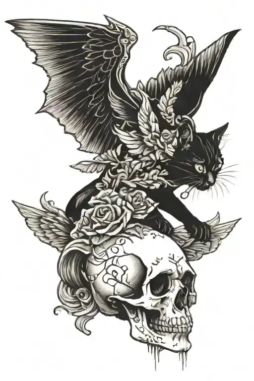 Black Cat On Top A Skull With Wings Spread Wide