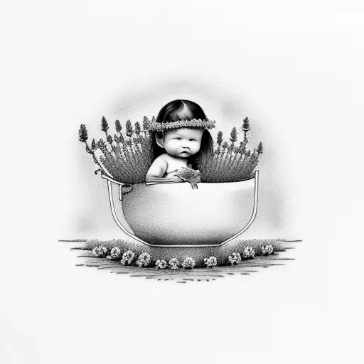 Lady Nursing Baby Standing In Garden Pot Of Lavender With Long Flowy Hair And Bees