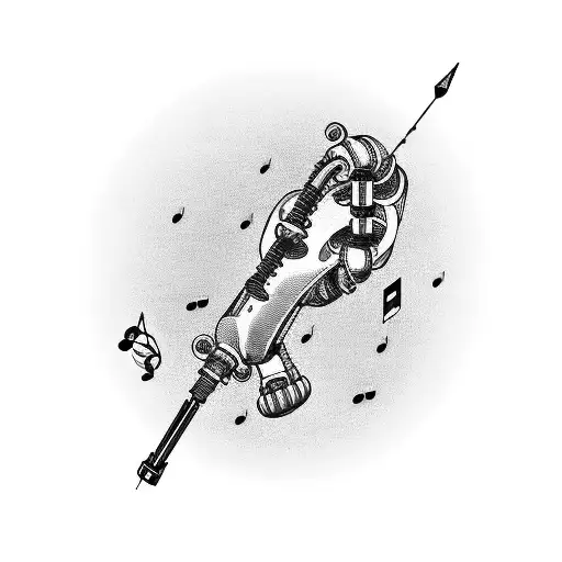 A Futuristic Robotic Arm Playing A Guitar With Musical Notes Coming Out Of It