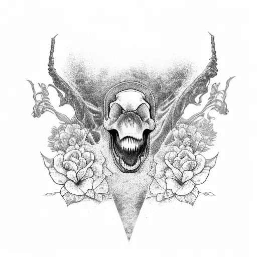 Grayscale Tyrannosaurus Skull Side View With Flowers Exploding Out Of The Back