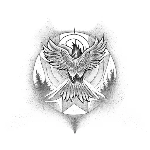 Enchanted Forest With A Mystical Phoenix Flying Through The Trees