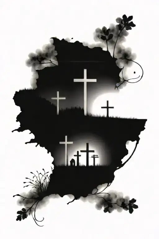 Three Crosses In A Field Durning Sunset