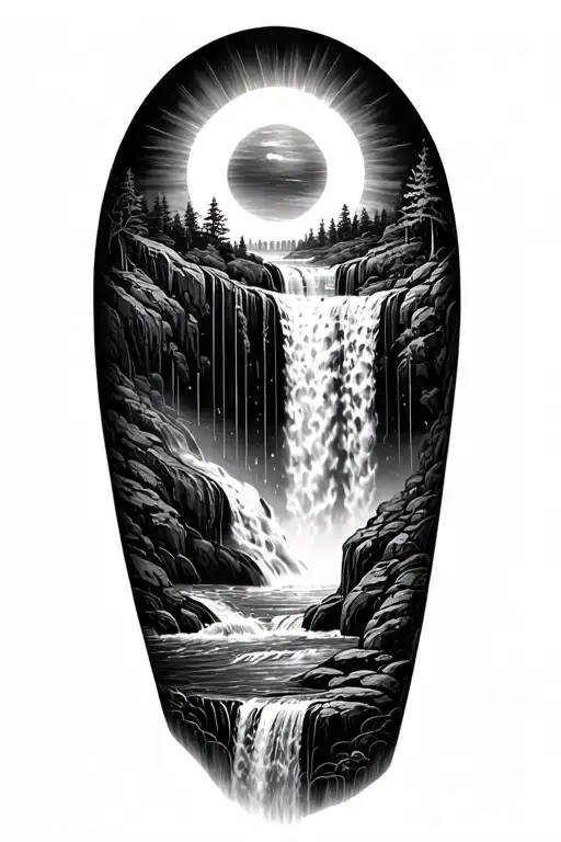 A Sun Melting Into A Waterfall That Turns Into Rain Drops