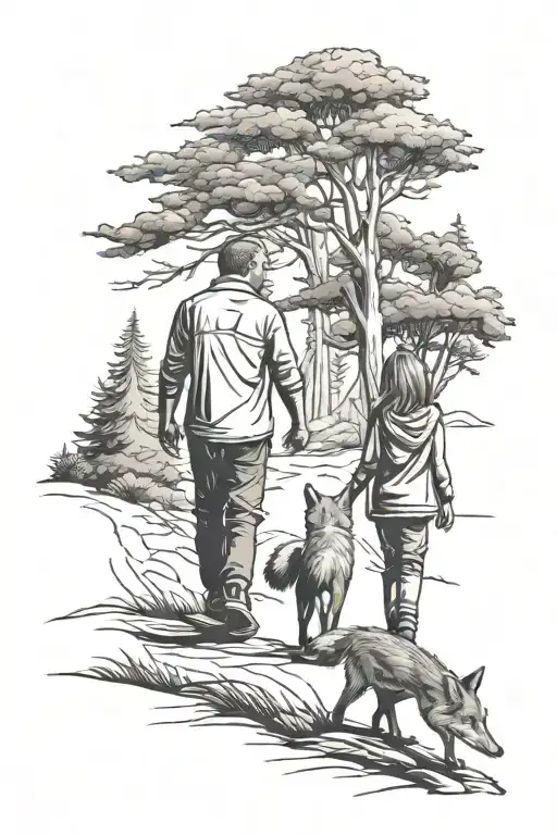 Maskuline Fox Dad And Dauther Walking Away From Forrest