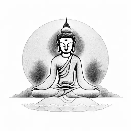 A Black-grey Tattoo Of A Buddha Meditating With A Nintendo Controller In Hand