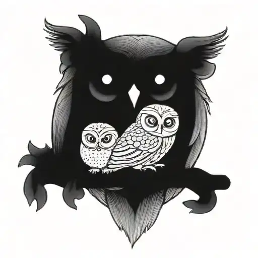 Owl Protecting 2 Baby Owls Sitting