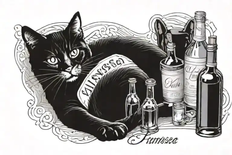 A Cat Lying Down With A Couple Of Bottles Of Wine And The Name Vanessa In Cursive