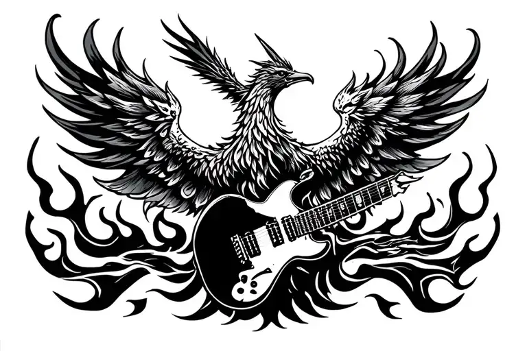 A Phoenix Rising From Flames Intertwined With A Guitar Neck