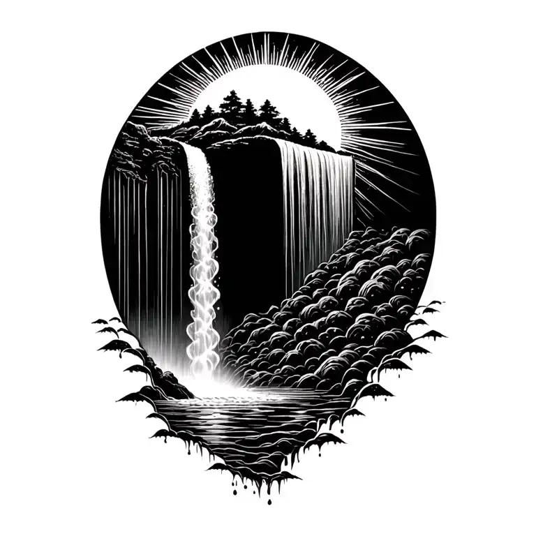 A Sun Melting Into A Waterfall That Turns Into Rain Drops