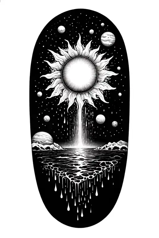 A Sun Surrounded With Planets That Turns Into A Waterfall With Rain Drops At The Bottom