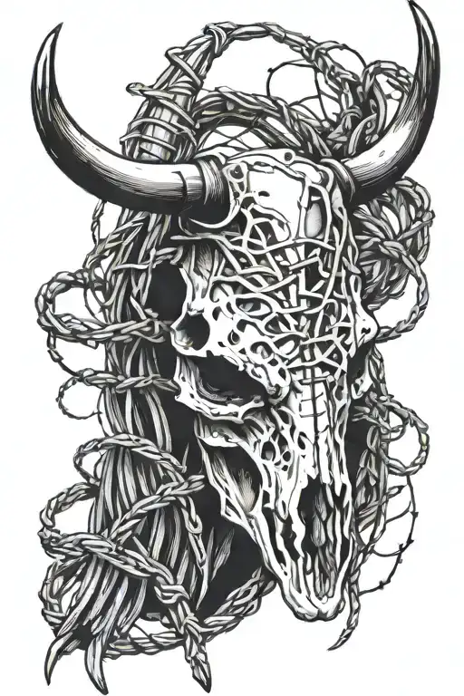 Longhorn Skull With Barbed Wire Wrapped Around It
