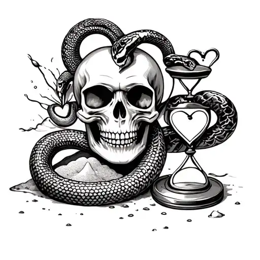 Skull With A Snake And A Heart And Sand Clock