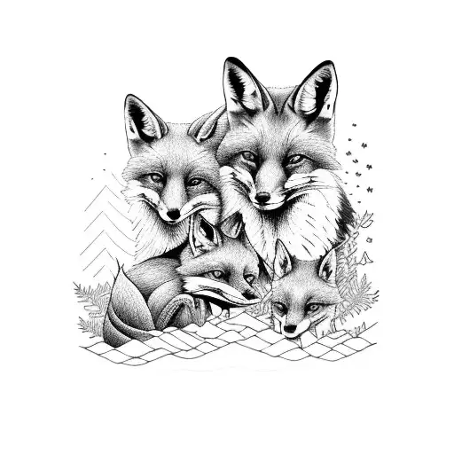 Fox Family In A Cedar Forest