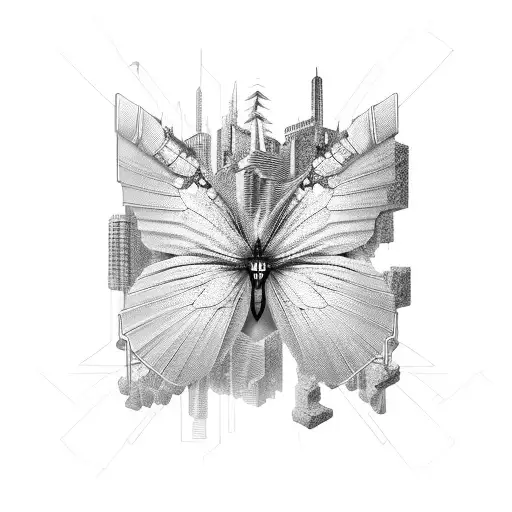 A 3D Butterfly Emerging From A Cyberpunk Cityscape