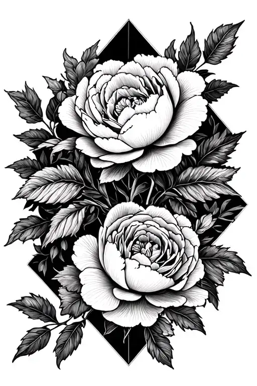 Peony Flower And Rose Flowers Inside Square And Diamond Inverse Blackout