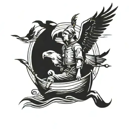 Man In A Boat And An Eagle Above