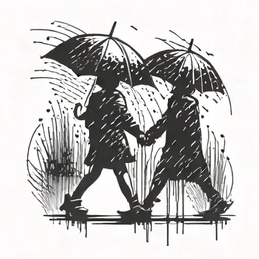 Silhouette Of Taller Sister Holding Younger Brother's Hand Walking In The Rain With Umbrella