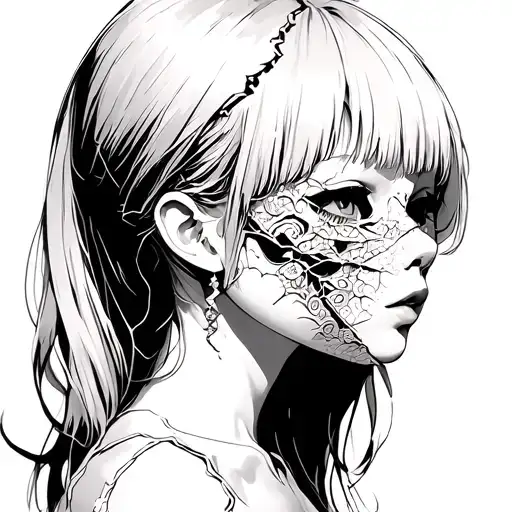 A Anime Girl With A Broken Porcelain Mask Side Profile