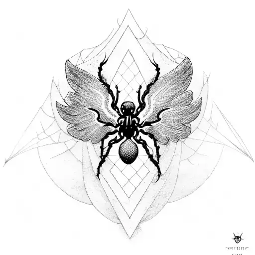 A Blackwork Tattoo Of A Seraphim Surrounded By Spider Webs And Stars