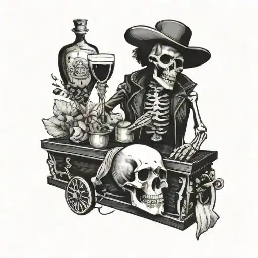 Memento Mori With Skeleton Sitting On Side Of A Coffin With A Drink In Hand