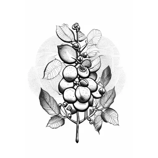 A Blackwork Tattoo Of A Coffee Bean Plant With Letras De Color Growing From The Branches