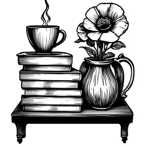 Stack Of Books On A Shelf With A Coffee Cup And A Poppy Flower In A Vase