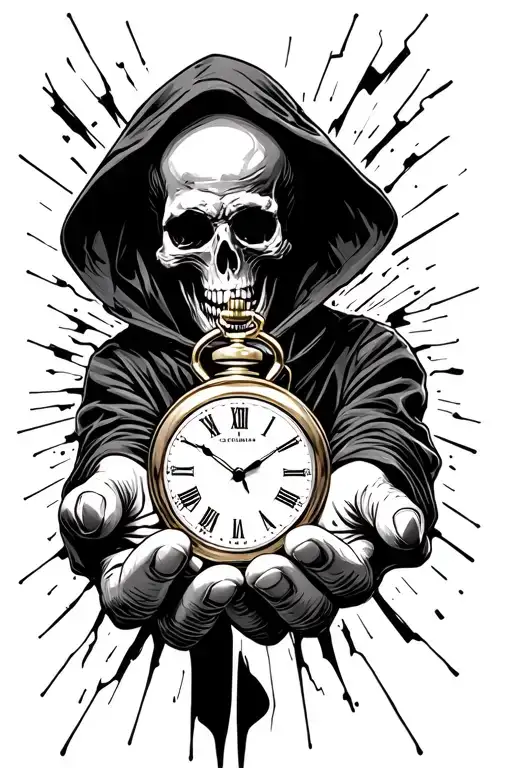 Death In The Hood Holds A Pocket Watch In His Outstretched Hands With A Rapid And Broken Tip