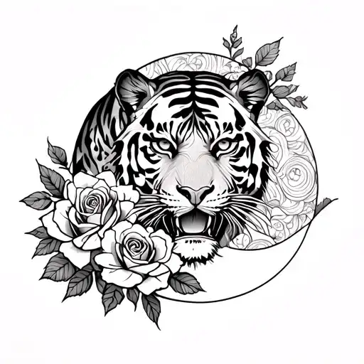Tiger And Roses Blooming And Sun And Moon