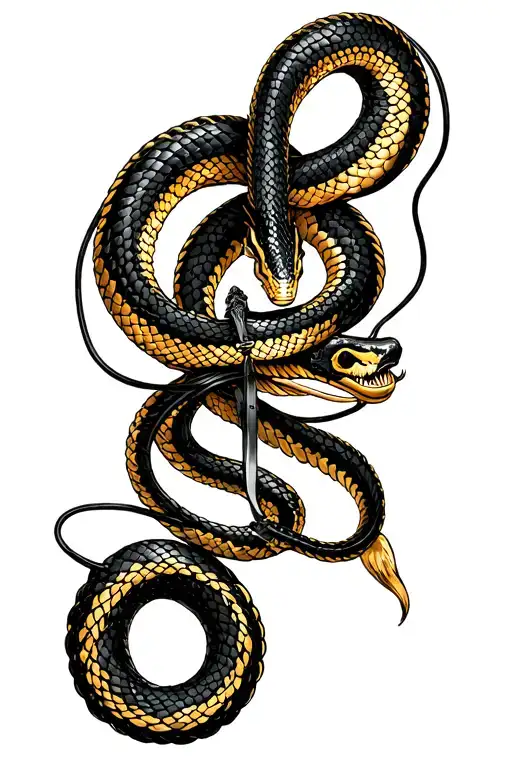 A Black And Golden Snake Wiring Around A Katana