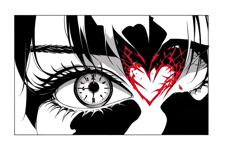 Anime Eyes With Clock In Right Eye And Broken Heart In Left Eye
