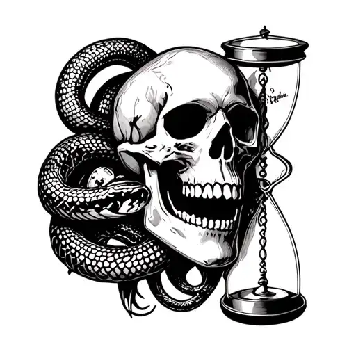 Skull With A Snake And An Anatomical Heart And A Sand Clock