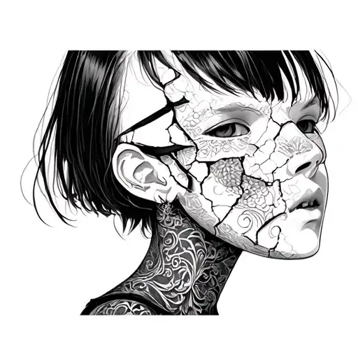 A Anime Girl With A Broken Porcelain Mask Side Profile