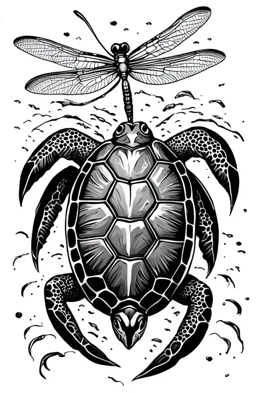 Sea Turtle With Dragonfly Flying