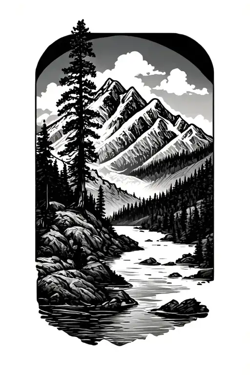 Mountain Range With Tall Tree And River
