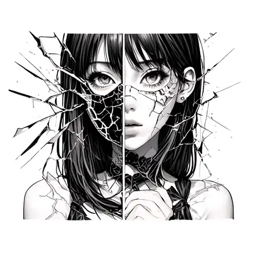 Anime Girl With A Broken Glass Mask Split In Half