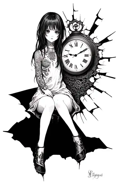 Anime Girl With Broken Clock