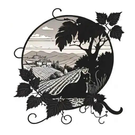 A Vineyard Landscape With A Silhouette Of A Cat Lounging Among The Grapevines