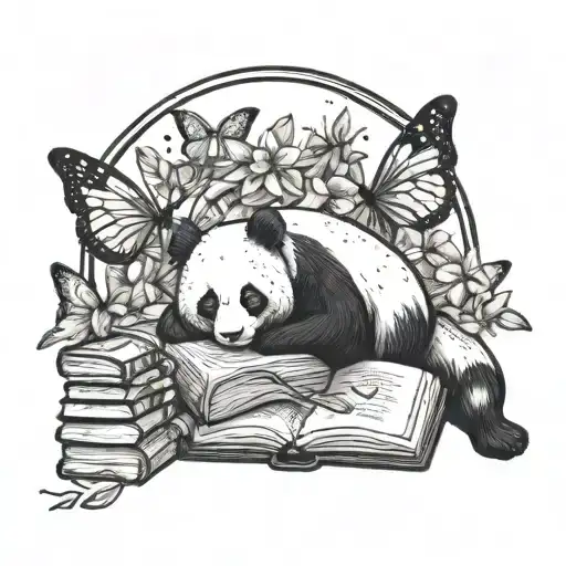 A Sleeping Panda Surrounded By Floating Books And Delicate Butterfly Wings